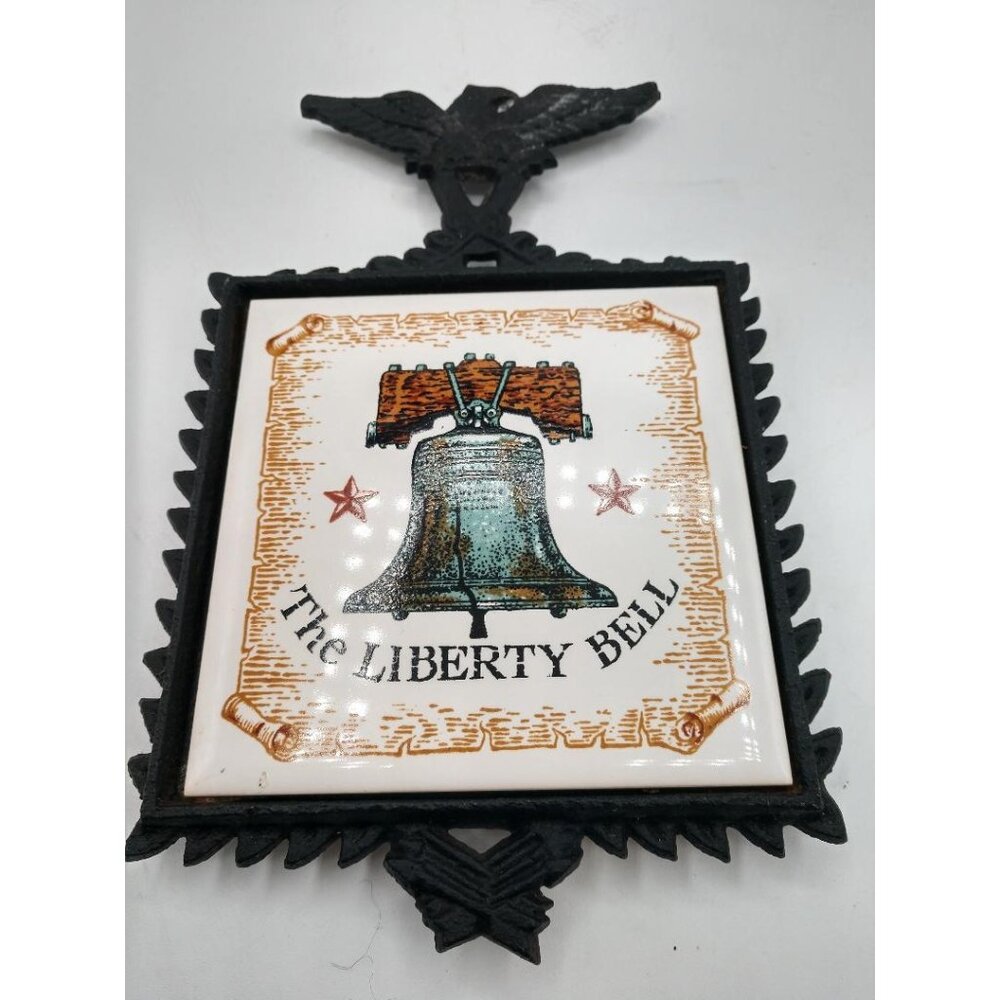 Vintage Cast Iron Enesco Wall Plaque With Ceramic Tile Featuring The Liberty Bel